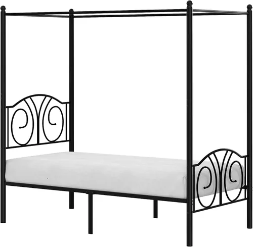 Vista 9 de VECELO - Marco de cama con dosel doble, cabecera vintage con voluta, color negro mate Twin canopy bed frame, Scrollwork metal headboard, Sturdy