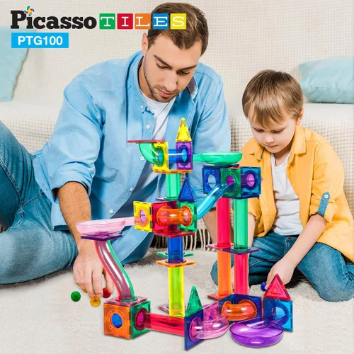 Vista 4 de PicassoTiles Paquete de 100 azulejos magnéticos + 100 piezas de canicas para carreras de carreras divertido y creativo, juguete sensorial educativo