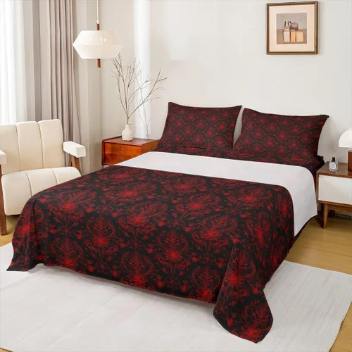 Vista 11 de Erosebridal Juego de sábanas de damasco con diseño floral, tamaño individual, gótico, rojo y negro, juego de sábanas de flores barrocas victorianas