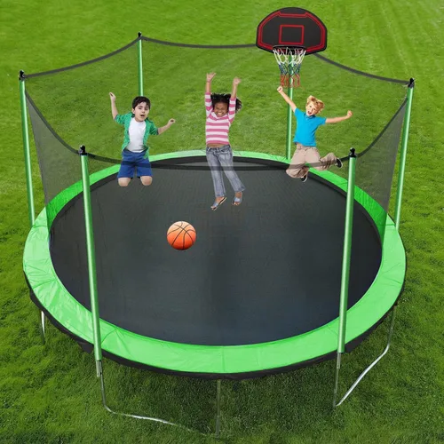 Vista 6 de Trampolín de 10 pies, 12 pies, 14 pies, 15 pies, 16 pies, para niños y adultos, trampolín al aire libre de 1500 libras con aro de baloncesto, red