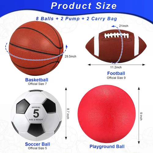 Vista 2 de Deekin Juego de 8 pelotas deportivas de tamaño oficial, incluye baloncesto, fútbol, fútbol, pelota de juegos con bolsas de equipo, bombas
