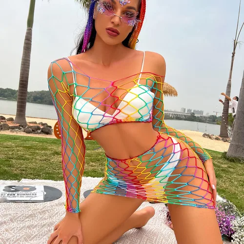 Vista 3 de Traje de baño para mujer, bikini de malla, ropa de baile, conjunto de red de arcoíris, talla libre para festivales de baile, vestidos de playa