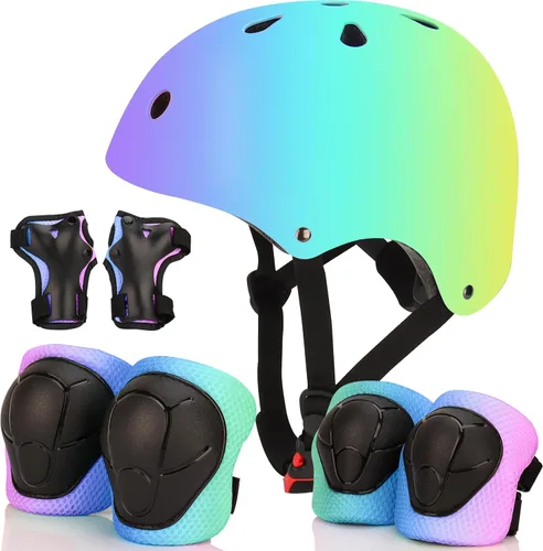 Vista 9 de Casco de bicicleta ajustable con gradiente de color y coderas y rodilleras - Casco para niños y niñas para patinaje, edades 3-14 Ideal