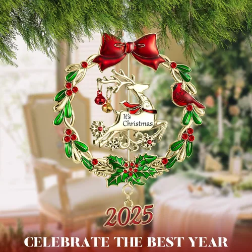 Vista 4 de Adorno para árbol de Navidad de metal plateado colgante, diseño giratorio, encanto decorativo festivo, regalo conmemorativo (2025 Ciervo y Dorado)