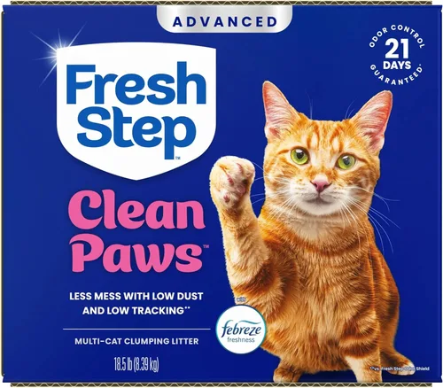 Vista 15 de Fresh Step Clean Paws Arena para gatos con frescura Febreze, Arena aglomerante avanzada para múltiples gatos con bajo seguimiento, 37 libras