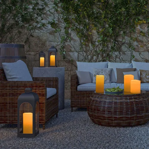 Vista 3 de juego de 2 velas sin llama impermeables para exteriores de 10" x 5", operadas por baterías, LED parpadeantes, velas pilar con control remoto