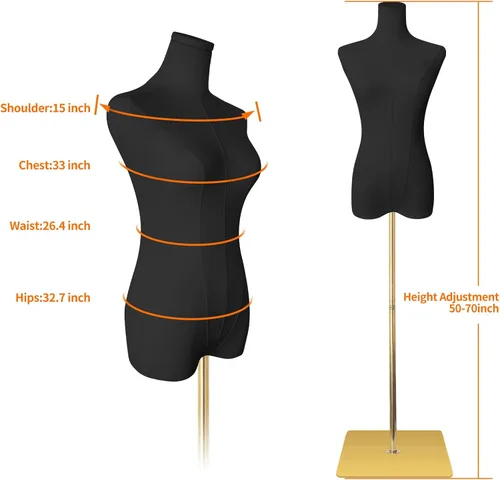 Vista 3 de Maniquí de forma de vestido para coser femenino de tela de lino negro con altura ajustable desmontable de 50 a 70 pulgadas, soporte de metal de alta