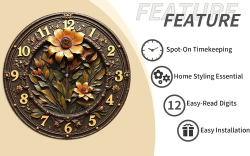 Vista 9 de Reloj de pared de madera de flor ornamentada de bronce con detalle grabado en relieve 9.8x9.8 in
