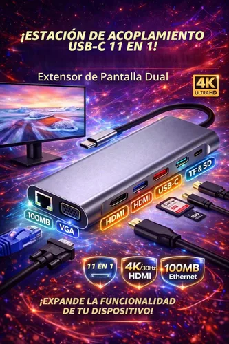 Vista 7 de Estación de acoplamiento multipuerto USB-C 11 en 1 con HDMI 4K, VGA, Ethernet, 100 W PD, USB 3.0, lector de tarjetas SD/TF y conector de audio