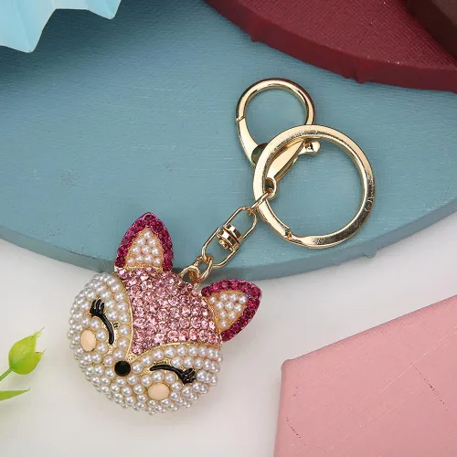 Vista 3 de plplaaoo Fluffy Ball Cute Queen Chains, Rhinestone Head Keyring, Lovely Key Ring Decorative, Pink Rhinestone Environmental Protective Keychains for