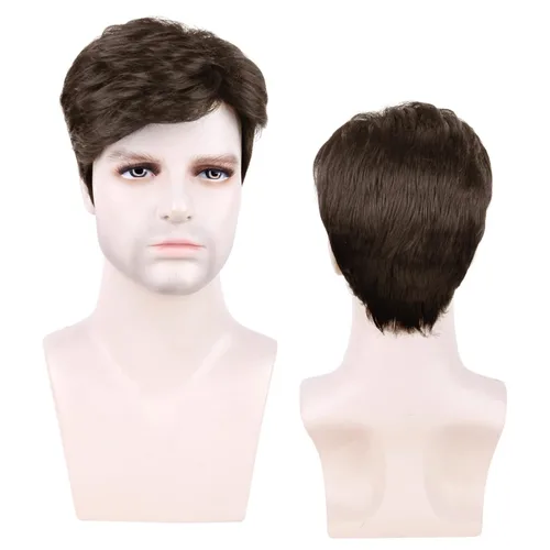 Vista 3 de Creamily - Peluca corta marrón para hombres, cabello rizado en capas de Corto - Marrón