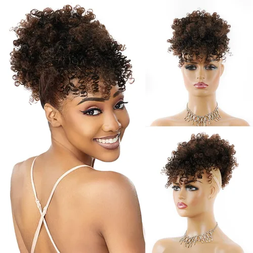 Vista 18 de Cola de caballo con cordón para mujeres negras Afro Puff Cola de caballo con cordón con flequillo Cola de caballo corta crespa y rizada Moño cola