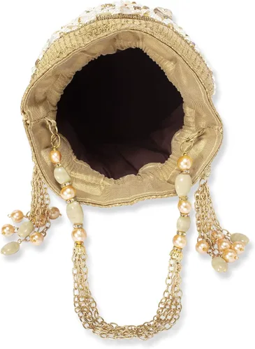 Vista 7 de Aheli Bolsas indias Potli para mujer, bolsa de noche, bolso de mano étnico para novia con cordón, regalo para el día de la madre para mamá, dorado 1