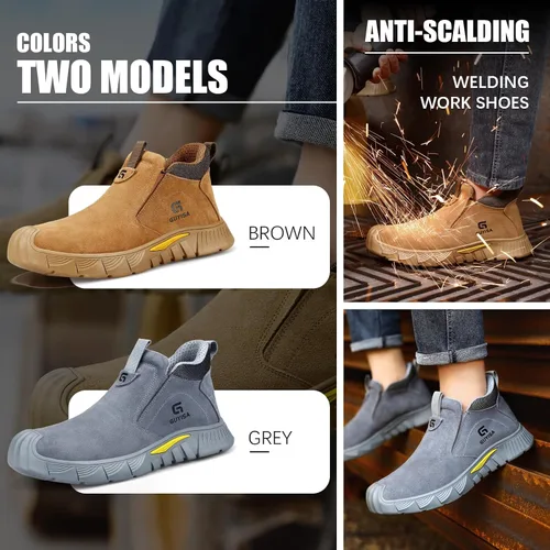 Vista 7 de GLANOUDUN Botas de trabajo de soldadura para hombre, zapatos de punta de acero para hombres, botas de punta de acero indestructibles, zapatos