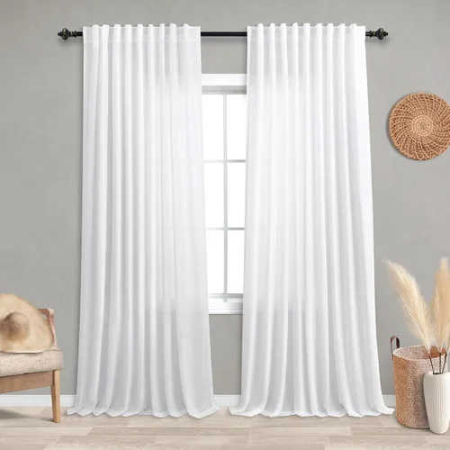 Vista 67 de Cortinas rústicas color beige tostado de 42 x 84 pulgadas de largo para sala de estar, juego de 2 paneles transparentes de lino natural, imitación