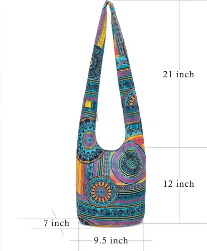 Vista 193 de Bolsa de hombro para mujer, de lona en estilo hippie/bohemio para llevar cruzada al hombro, disponible en diferentes colores y estampados