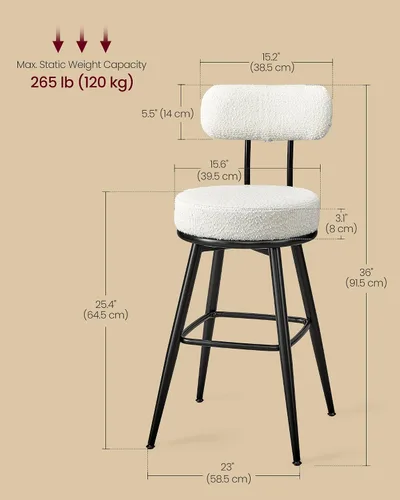 Vista 3 de VASAGLE Juego de 2 taburetes de bar giratorios de 360°, taburetes de bar de altura de mostrador con respaldo, tela Boucle, contemporáneo moderno
