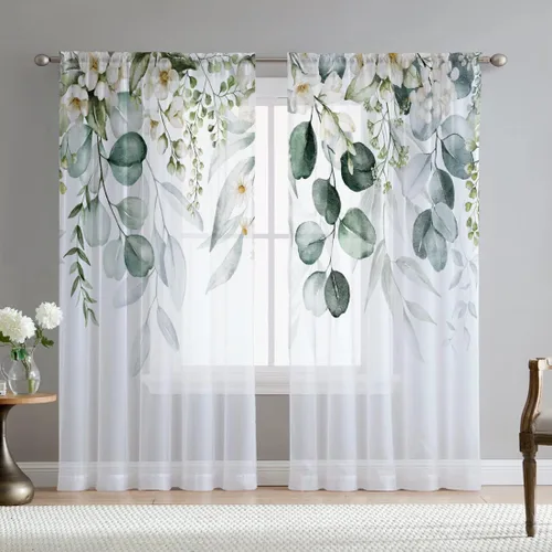 Vista 14 de Cortinas de hojas de eucalipto verdes para sala de estar de 63 pulgadas de largo, juego de 2 paneles elegantes de flores silvestres con estampado