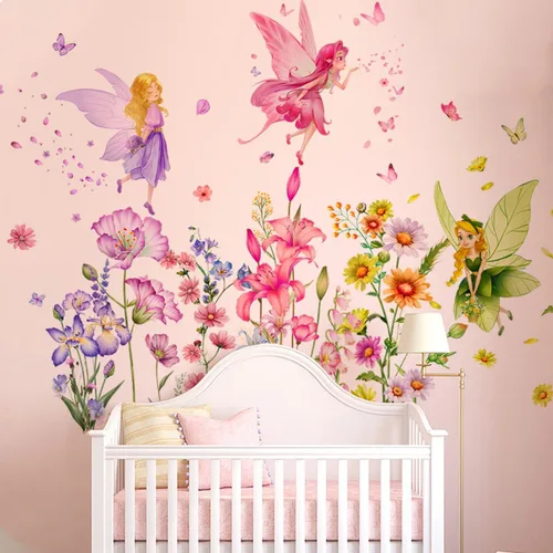 Vista 6 de Supzone Pegatinas de Pared de Hada de Flores Calcomanías de Pared de Niña Mariposa Pegatinas de Arte de Pared de Vinilo Removible para Niñas Bebé