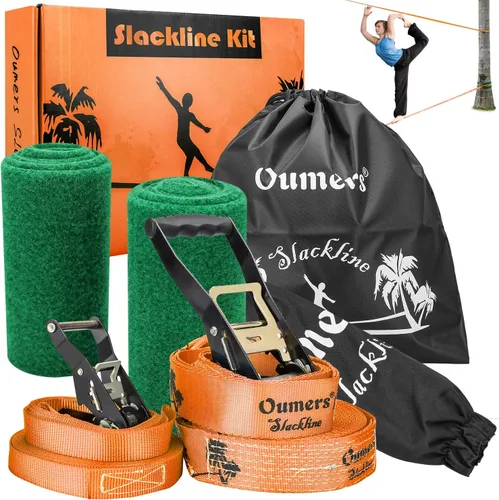 Vista 9 de Oumers Slackline Kit de regalo para principiantes con línea Blance principal de 50 pies, protector de árbol, cubierta de trinquete, bolsa