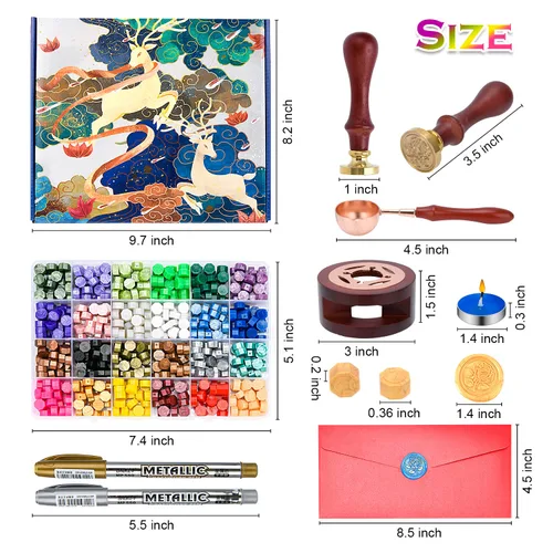 Vista 2 de Kit de sellos de cera – 630 cuentas de cera, caja de regalo, calentador, bolígrafos metálicos, sobres, juego de sellos para regalos y decoración