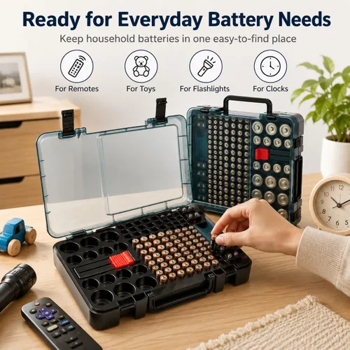 Vista 5 de Estuche Organizador y de Almacenamiento de Baterías con Probador. Caja Contenedor Portabaterias para más de 120 pilas AA AAA 9V C D, Litio CR2025