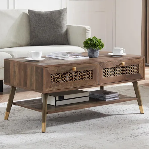Vista 10 de Mesa de centro negra moderna de mediados de siglo con cajones de almacenamiento y estante abierto, mesa rectangular bohemia de madera maciza