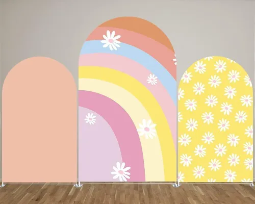 Vista 3 de Cubiertas de fondo arqueadas con arco iris para Groovy Party Arch Stand Covers Cumpleaños Baby Shower Cake Mantel Decoración Accesorios