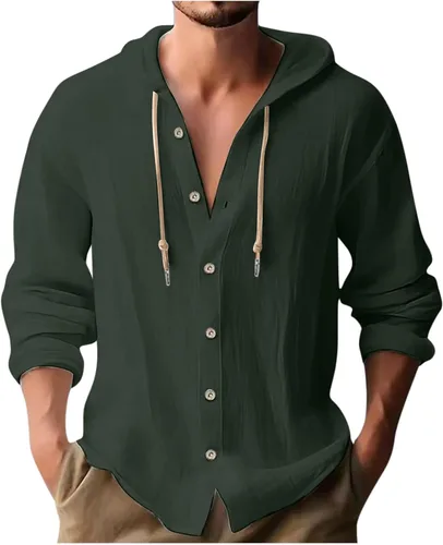 Vista 9 de Camisa de lino para hombre, casual, ligera, mexicana, guayabera, abotonada, playa, verano, sudadera con capucha y manga larga, camisa hawaiana