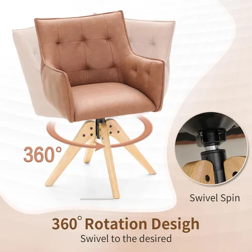 Vista 2 de PHI VILLA Juego de 2 sillas giratorias decorativas – Silla de escritorio moderna de mediados de siglo con patas de madera para silla de comedor