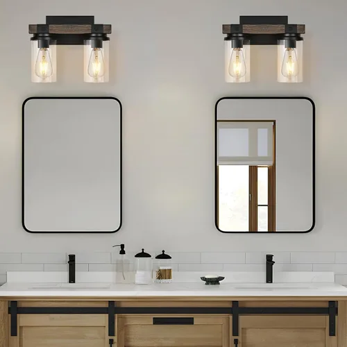 Vista 2 de Lámpara de Baño Estilo Granja de Madera Negra, Iluminación de Tocador de 2 Luces, Aplique de Pared de Madera, Accesorio de Pared Industrial Rústico
