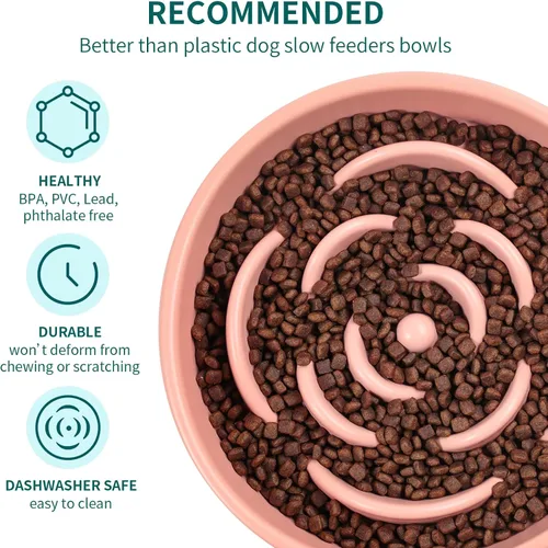 Vista 3 de Tazón de cerámica rosa para perros de razas pequeñas y medianas, cuenco elevado/elevado de 6.1 pulgadas de alimentación lenta, cuenco de comida