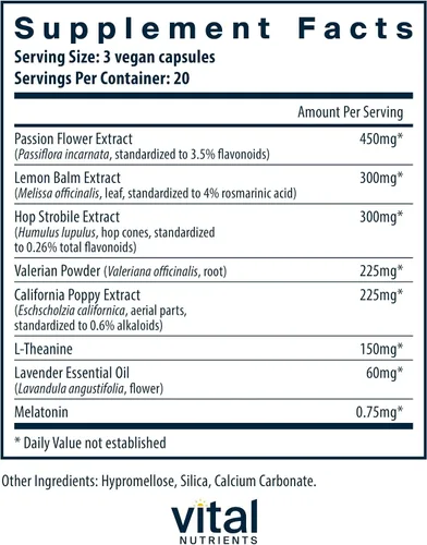 Vista 2 de Vital Nutrients Ayuda para dormir Promueve el sueño reparador Raíz de valeriana, L-teanina, bálsamo de limón y melatonina Suplemento vegano