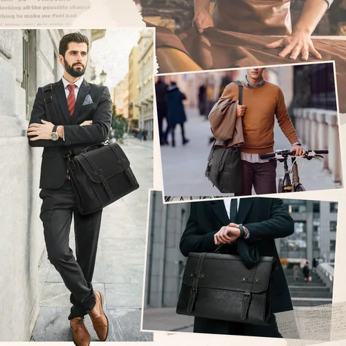 Vista 2 de RAINSMORE Bolsa de mensajero para hombre de 17 pulgadas, impermeable, de piel vintage, maletín para laptop, bolsa grande para laptop, cartera, bolsa