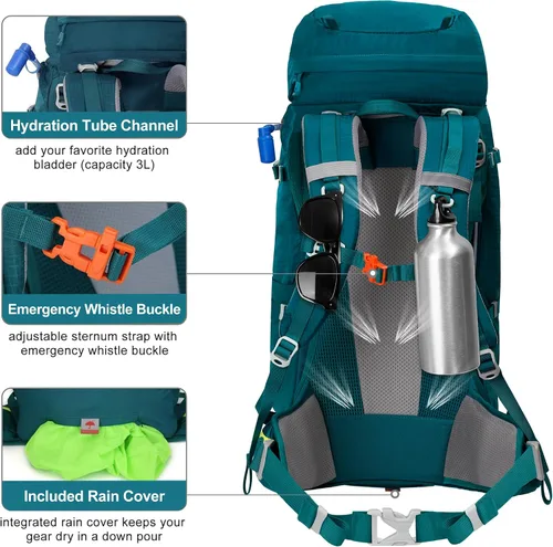 Vista 4 de N NEVO RHINO - Mochila de senderismo con marco interno 50, 60, 65, 70 y 80 L, mochila impermeable para escalar, camping, con cubierta de lluvia