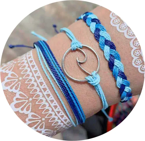 Vista 7 de Brazaletes impermeables de cuerda, para verano, con ola, brazalete para amistad, hecho a mano, para niña