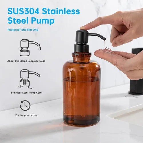 Vista 6 de Amber Glass Soap Dispenser,17oz, Black Pump Refillable, 304 Stainless Steel Pump, Liquid Hand Soap Dispenser, Bathroom Kitchen Sink Vanity