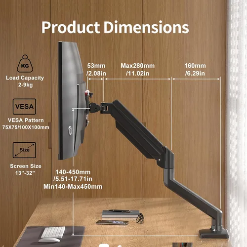 Vista 2 de suptek Soporte de brazo para monitor individual para 13-32 pulgadas, soporte de escritorio ajustable para monitor de resorte de gas para 4.4-19.8