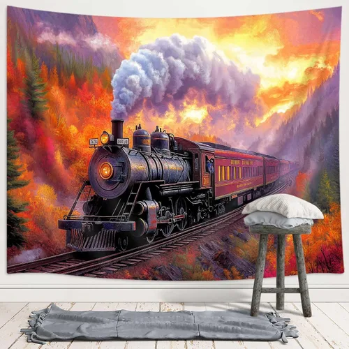 Vista 2 de Tapiz de Tren de Vapor, Tapices de Paisaje Otoñal de Tren de Motor Antiguo Decoración para Niños, Tapices de Arte de Acuarela de Bosque de Montaña