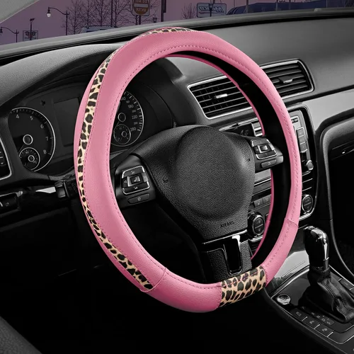 Vista 18 de Road Comforts Funda para volante, cubierta de volante de parte inferior plana hecha con piel de PVC y tela de leopardo, ajuste universal