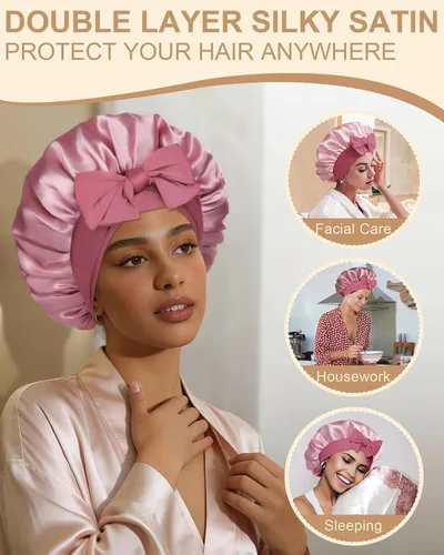 Vista 7 de Gorro de satén para mujeres, gorros de seda para dormir, gorro para cabello rizado con banda elástica con lazo, reversible de doble capa, gorro
