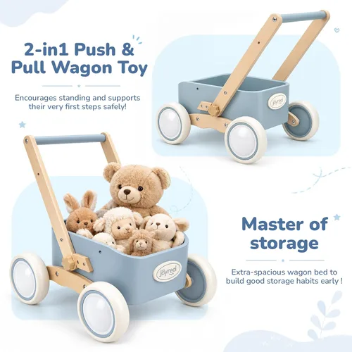 Vista 2 de Joyreal Andador de madera para bebés y vagón para niños pequeños 2 en 1 Azul