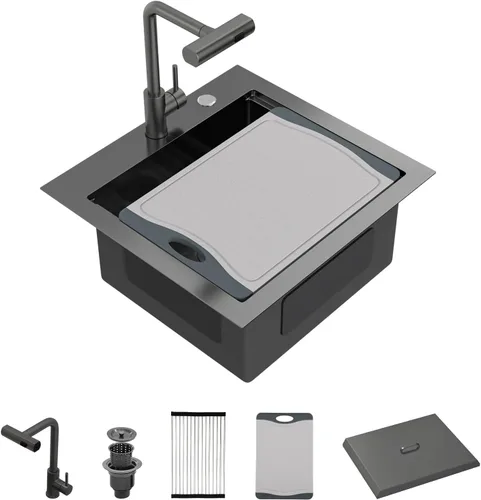 Vista 12 de Fregadero de barra dorada con grifo, fregaderos de barra de acero inoxidable de 15 x 17 pulgadas, estación de trabajo para interiores y exteriores