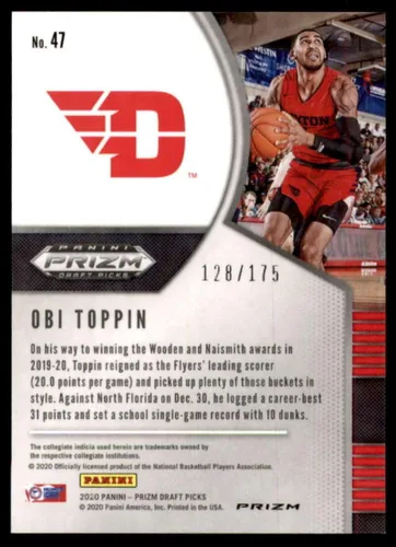 Vista 2 de Obi Toppin Rookie 2020-21 Panini Prizm Draft Picks Prizms Fast Break Blue #47