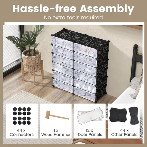 Vista 7 de COSTWAY Organizador de zapatos, estantes de zapatos de 6 niveles con cubiertas, diseño de bricolaje, 24 pares de cajas organizadoras de cubos Negro