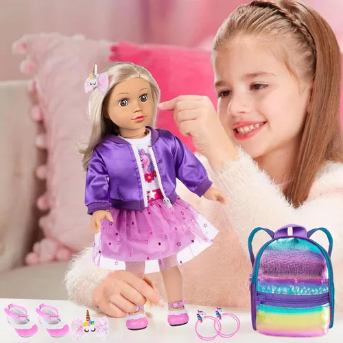 Vista 5 de ebuddy Juego de ropa para muñecas de 18 pulgadas y accesorios de viaje, juego con temática de unicornio para muñecas de 18 pulgadas, incluye Suite