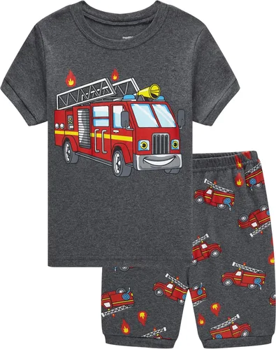 Vista 14 de Pijamas para niños, 100% algodón, 2 piezas, manga corta, conjunto de ropa de dormir de verano para niños, 3t-10t 01 Gris/Estampado De Excavadora