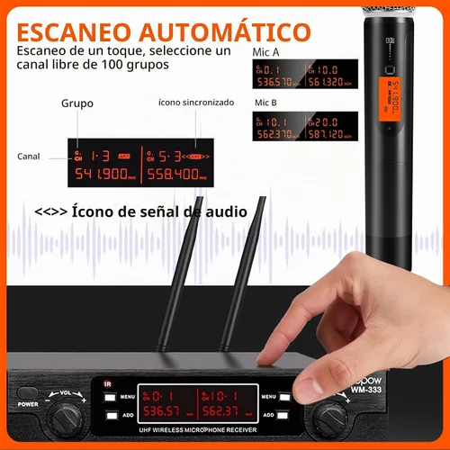 Vista 3 de Sistema de micrófonos inalámbricos de 200 canales, set de micrófonos inalámbricos de metal UHF dual, escaneo automático, largo alcance de 200 - 240