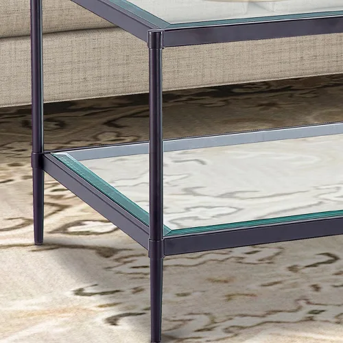 Vista 5 de Mesa de centro rectangular de cristal, mesa central de 2 niveles, mesa de café moderna para sala de estar, 43.3 x 23.62 pulgadas, color negro