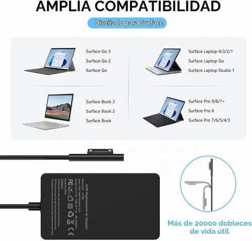 Vista 2 de Adaptador de corriente para cargador portátil Surface Pro de 65 W para Microsoft Surface Pro Compatible with Surface Pro 3/4/5/6/7/7+/8/9/X